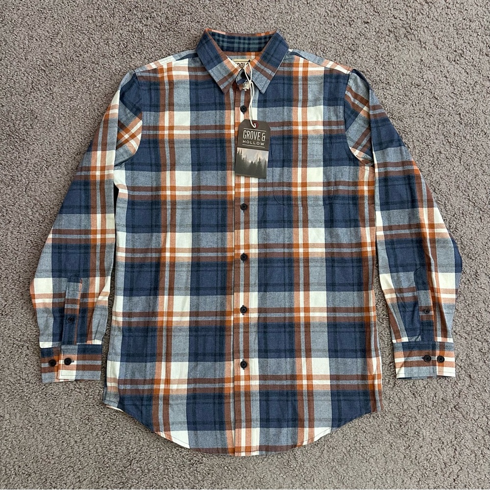 Grove & Hollow Orange Gray Plaid Long Sleeve Button Up Shirt Mens S